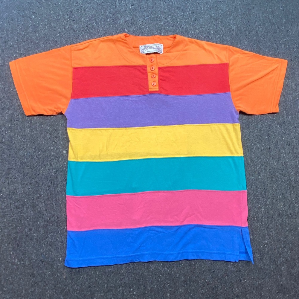 Nuggets Striped Henley Shirt XL Mens Multi Colorblock‎ Rainbow 90s Skater Cotton